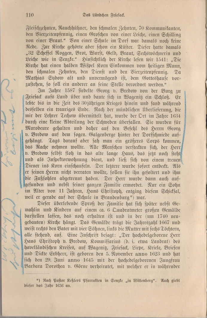 Einzelseite Geschichte von Friesack mit Anstreichung von Fontane