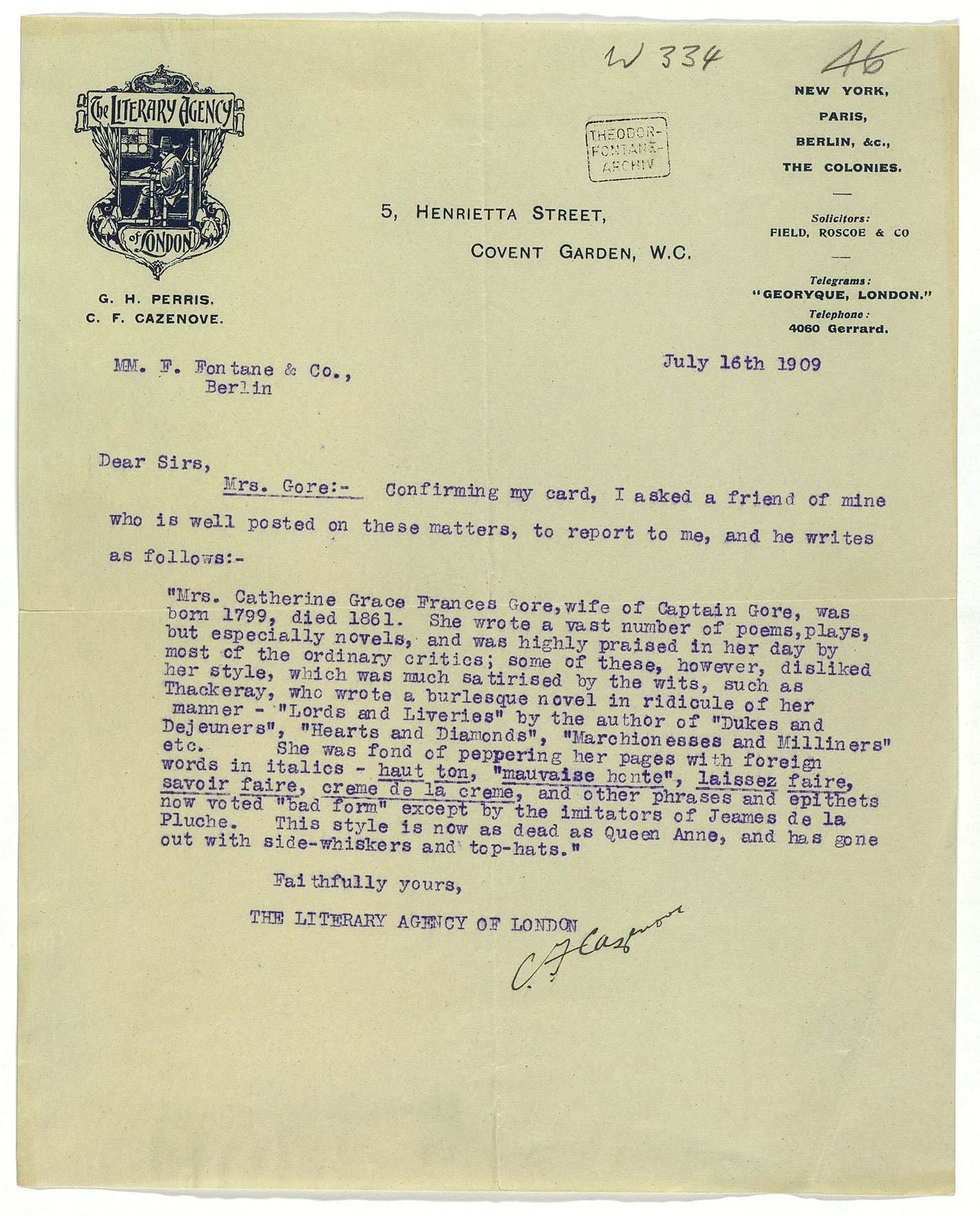 brief von C. F. Cazenove (The Literary Agency of London) an F. Fontane & Co., London, 16. Juli 1909. (öffnet Vergrößerung des Bildes)