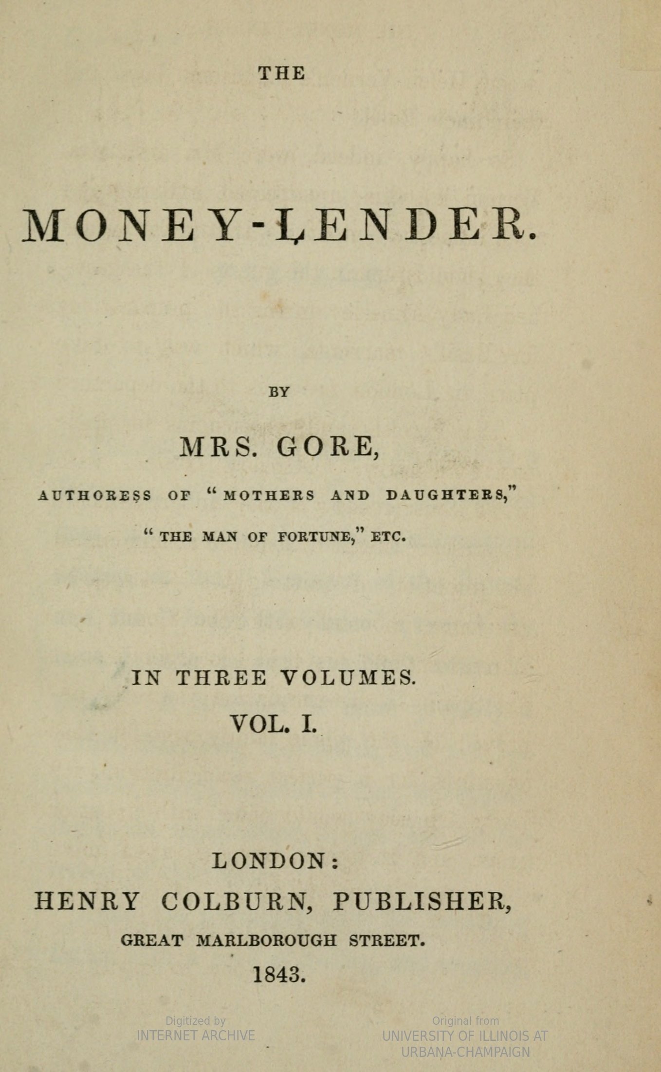 Titelseite des ersten Bandes Catherine Grace Gores Roman Abednego the Money-Lender 