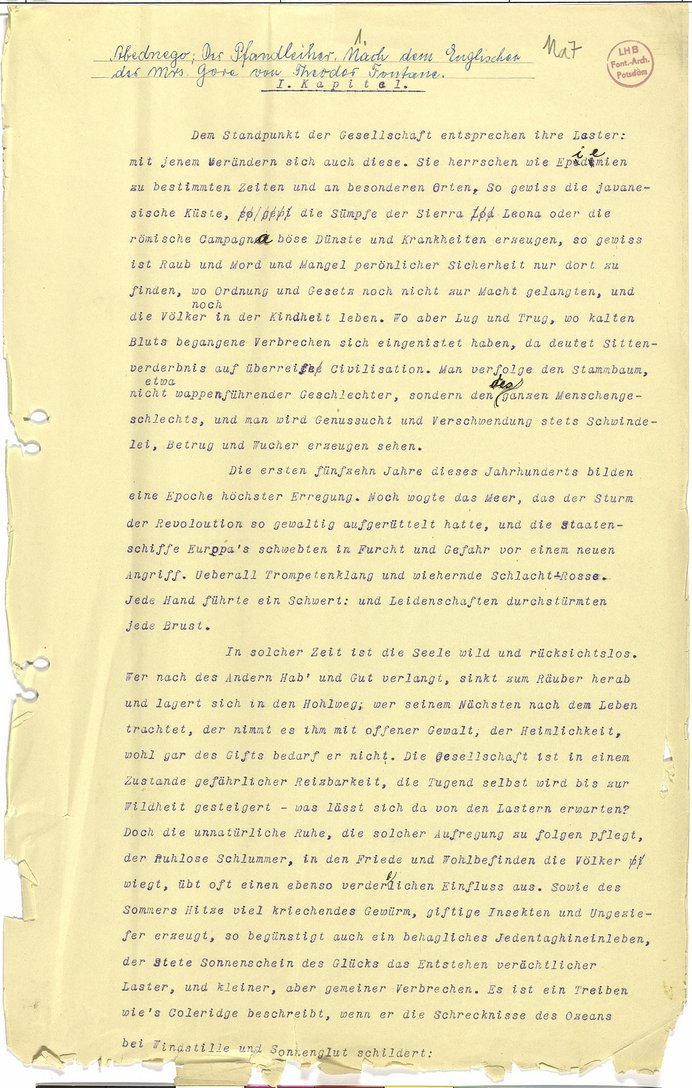 Typoskript der Übersetzung Theodor Fontanes von Catherine Grace Gores Roman Abednego the Money-Lender, Theodor-Fontane-Archiv Na 7, erste Seite (öffnet Vergrößerung des Bildes)